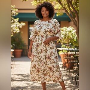 H&M Cream Floral Midi Dress with Green & Brown Print